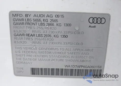 2016 Audi Q5 3.0T Premium Plus z USA, uszkodzony, nr VIN WA1D7AFP6GA060158
